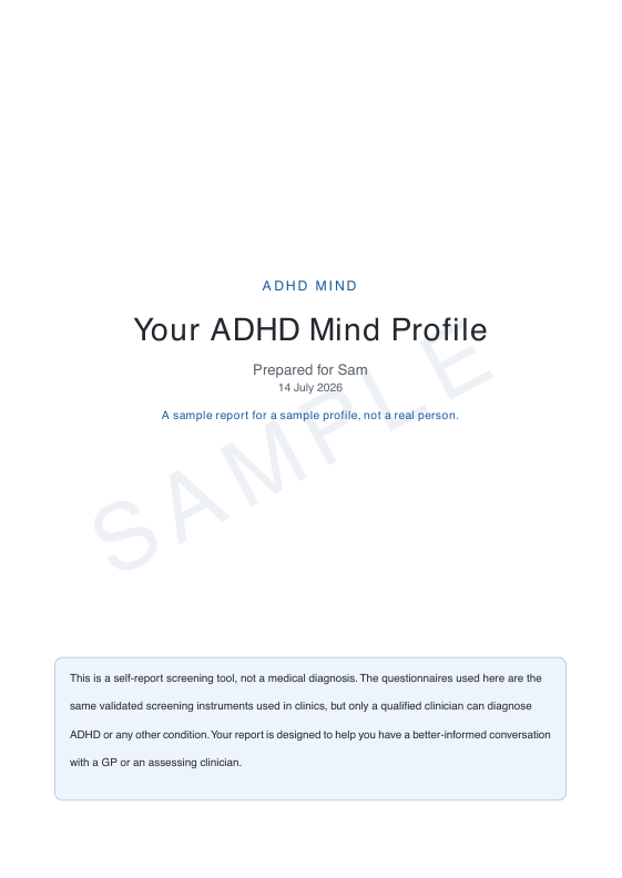Example cover of the free personalised ADHD Mind report